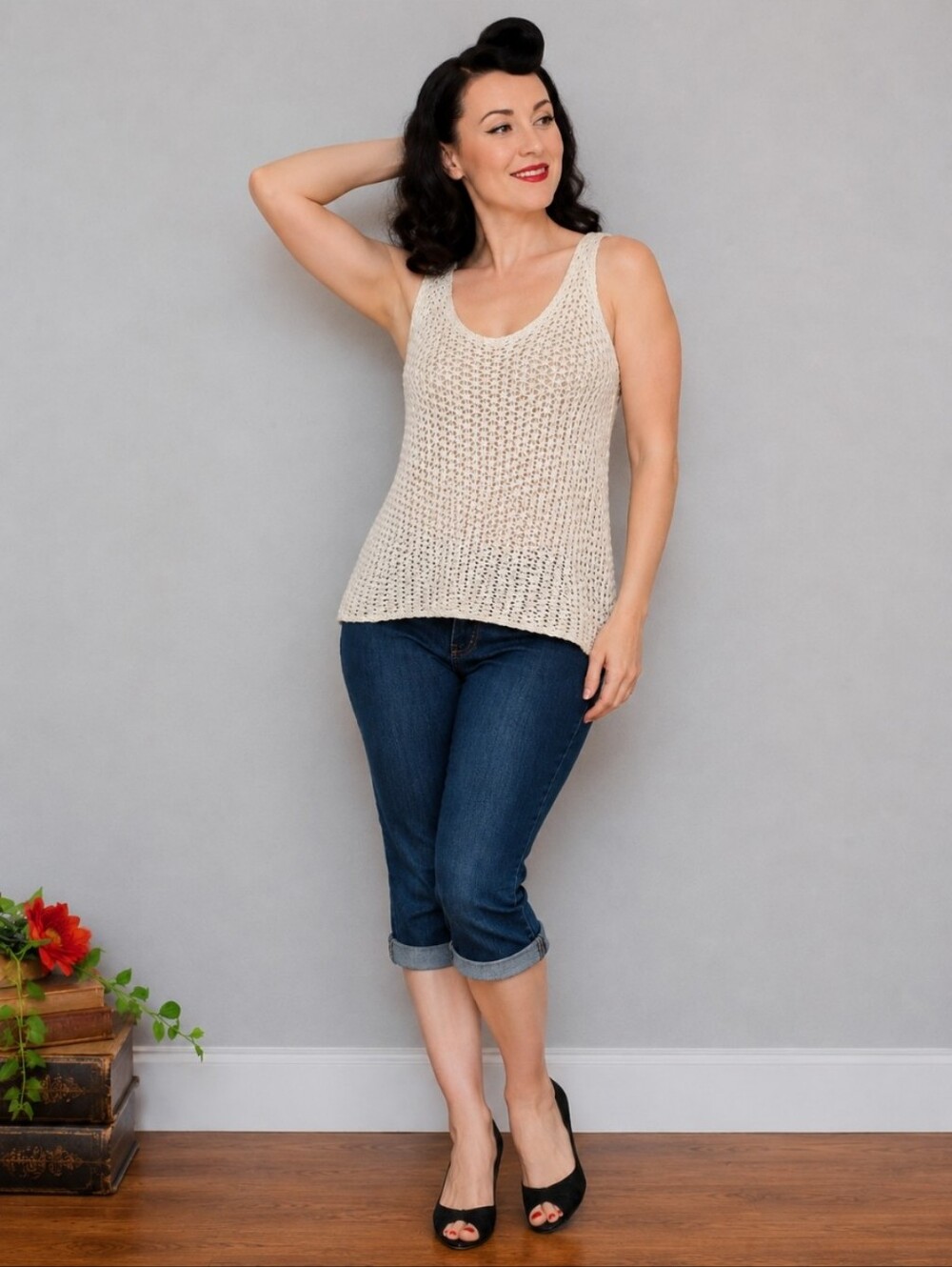 360 SWEATER Linen Blend Open Weave High Low Tank Small
